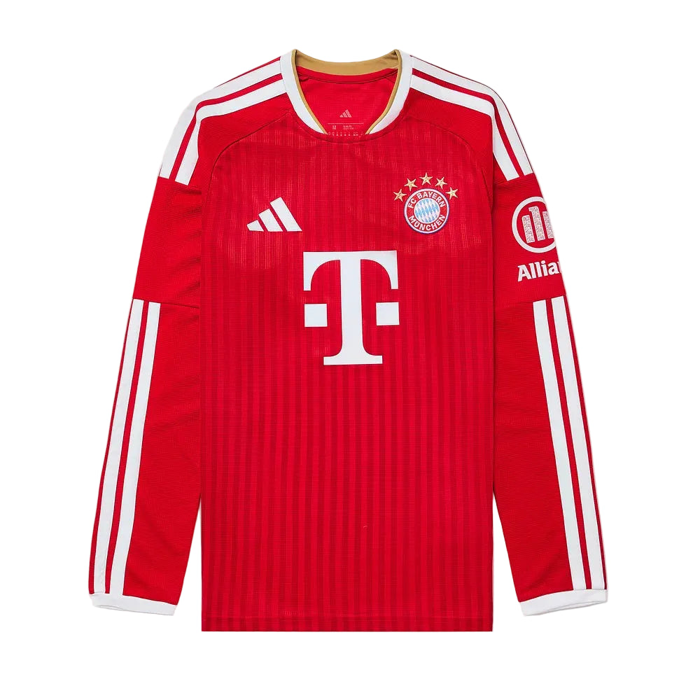 A red long-sleeve Bayern Munich soccer jersey by Adidas, featuring the white Adidas logo on the right chest, the club crest on the left chest, and the large white T-Mobile logo in the center.