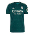 A dark green Real Madrid soccer jersey by Adidas, featuring white embroidered logos and sponsor text, displayed on a clean white background.