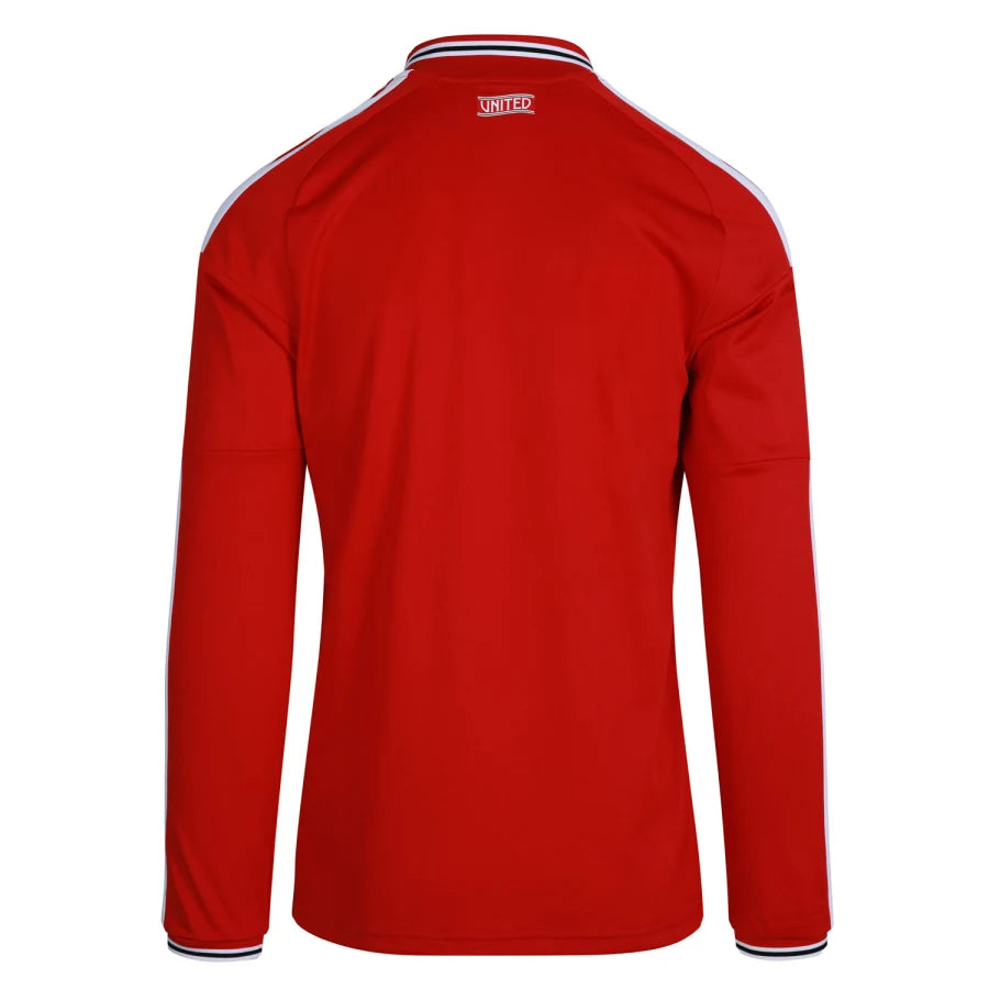 A red long-sleeve athletic jersey shown from the back, featuring white stripes along the shoulders and collar, with a small white 'UNITED' logo printed inside the collar.