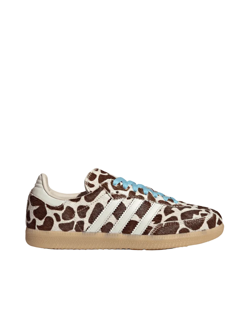 Adidas sneaker with a leopard print pattern on a white background