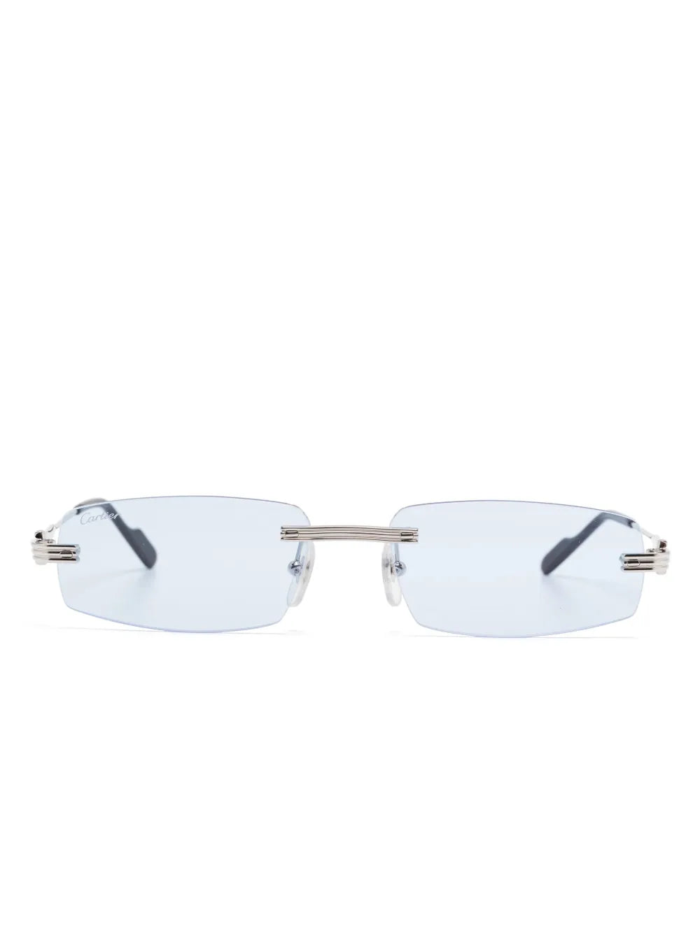Rimless rectangular eyeglasses with a thin silver metal frame and clear light blue lenses, shown against a plain white background.