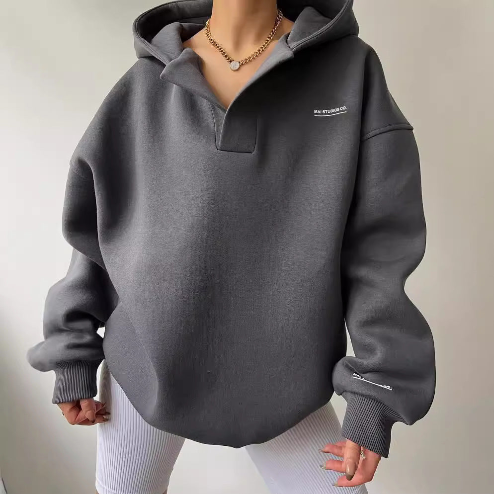 Womens Fleece Lined Hooded Print Long Sleeve Pullover Sweater