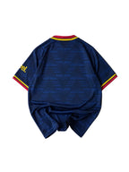 Blue sports outfit with red and yellow accents on a white background