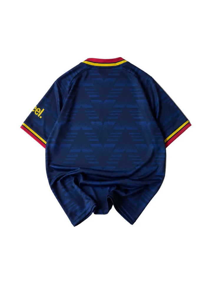Blue sports outfit with red and yellow accents on a white background