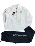 White zip-up jacket and black sweatpants set from Emporio Armani, featuring EA7 logos, laid flat on a gray textured background.