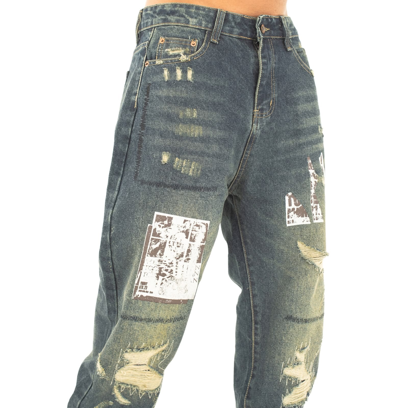Men Distressed Baggy Patchy Denim Jeans
