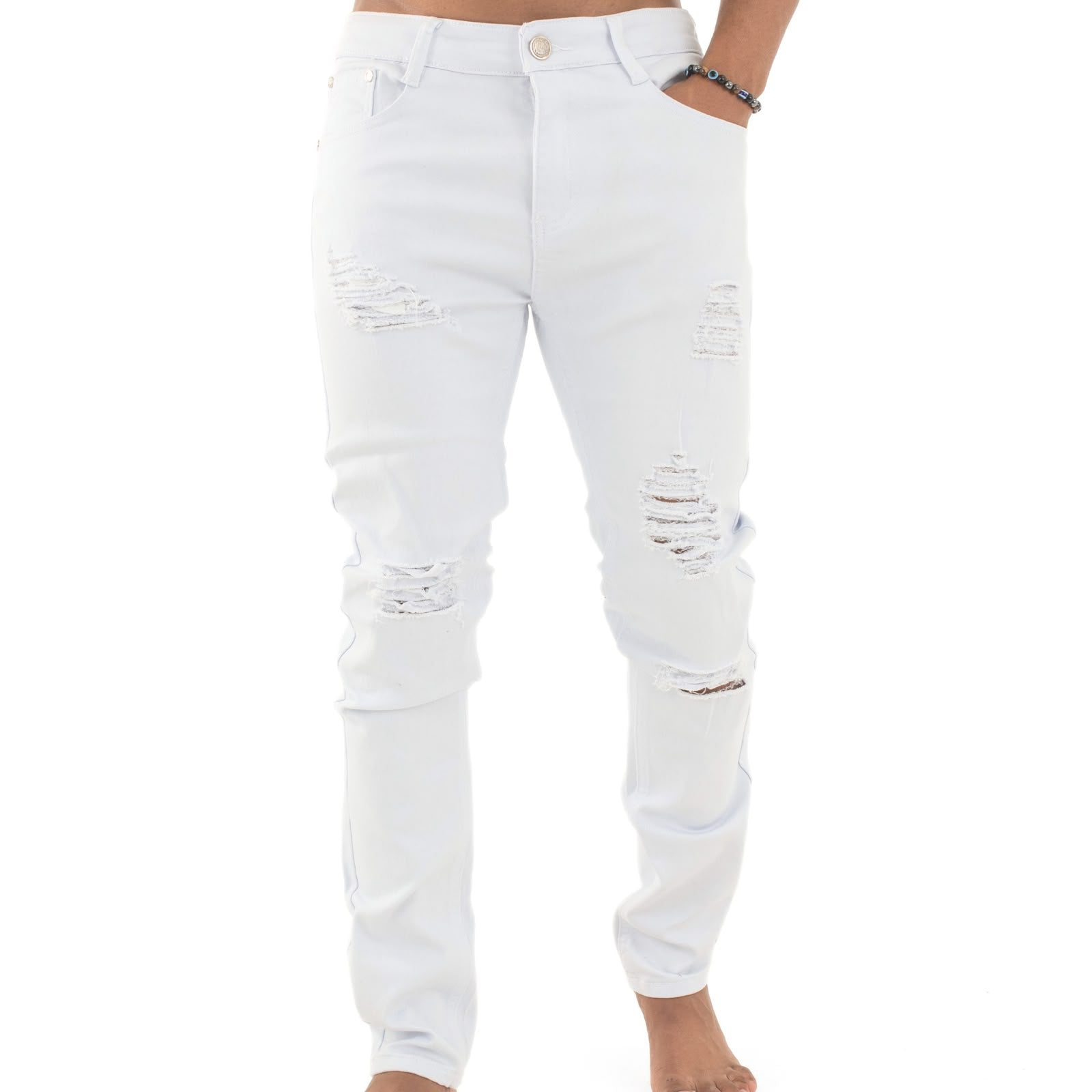 Men Distressed Patchy Snow White Jeans