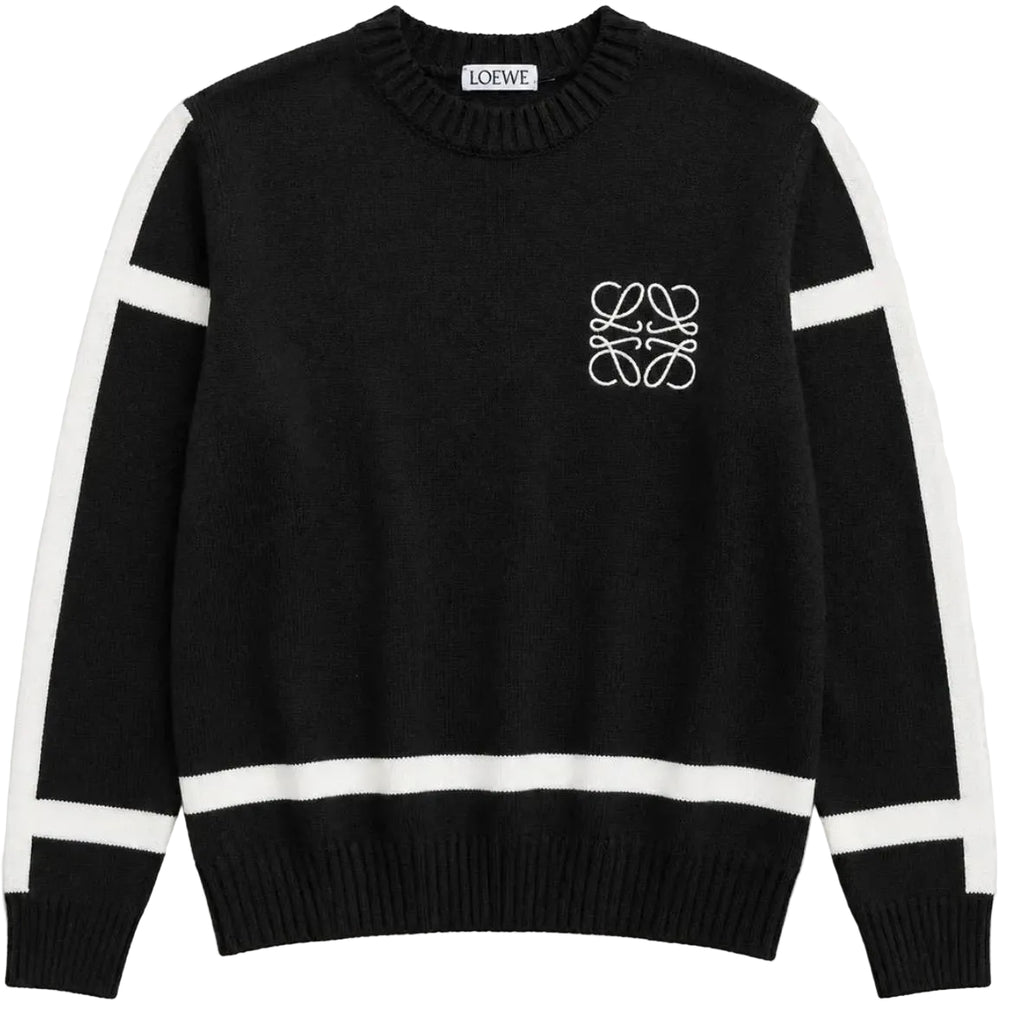 A black knit sweater with white stripe accents on the shoulders, sleeves, and hem, featuring a white Loewe logo on the left chest and a Loewe label on the inner neck.