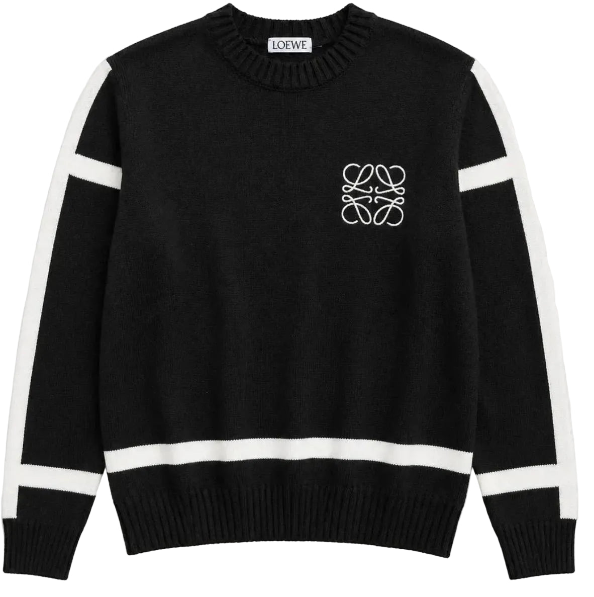 A black knit sweater with white stripe accents on the shoulders, sleeves, and hem, featuring a white Loewe logo on the left chest and a Loewe label on the inner neck.