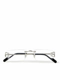 Rimless eyeglasses with a thin silver metal frame and black temple tips, shown from the side on a white background.
