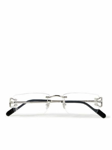 Rimless eyeglasses with a thin silver metal frame and black temple tips, shown from the side on a white background.
