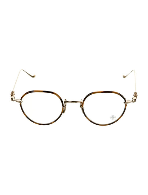 Oval eyeglasses with thin gold-tone metal frames, brown tortoiseshell rims, and matching temple arms, shown against a plain white background.