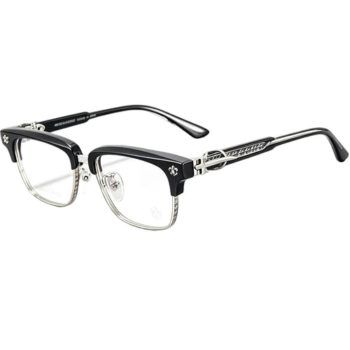 A pair of semi-rimless eyeglasses with a glossy black acetate upper frame and clear lower rims, featuring silver metal temples with decorative skull and crossbones details and the brand name 'Mister Loco' visible.