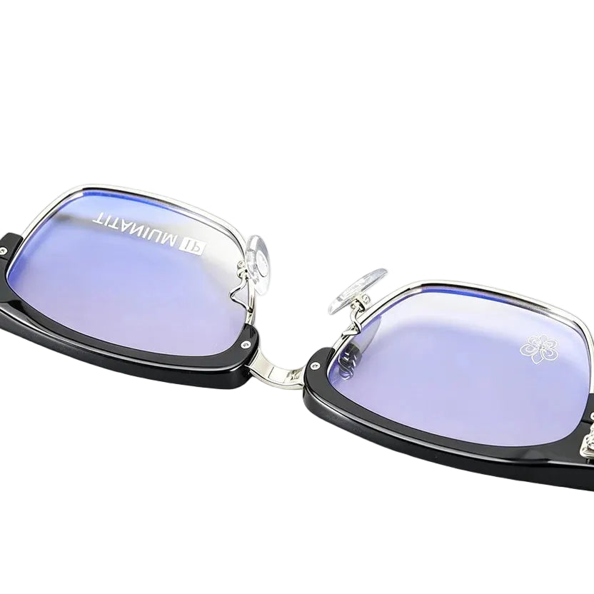 Black sunglasses with blue lenses on a white background