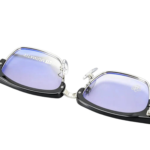 Black sunglasses with blue lenses on a white background