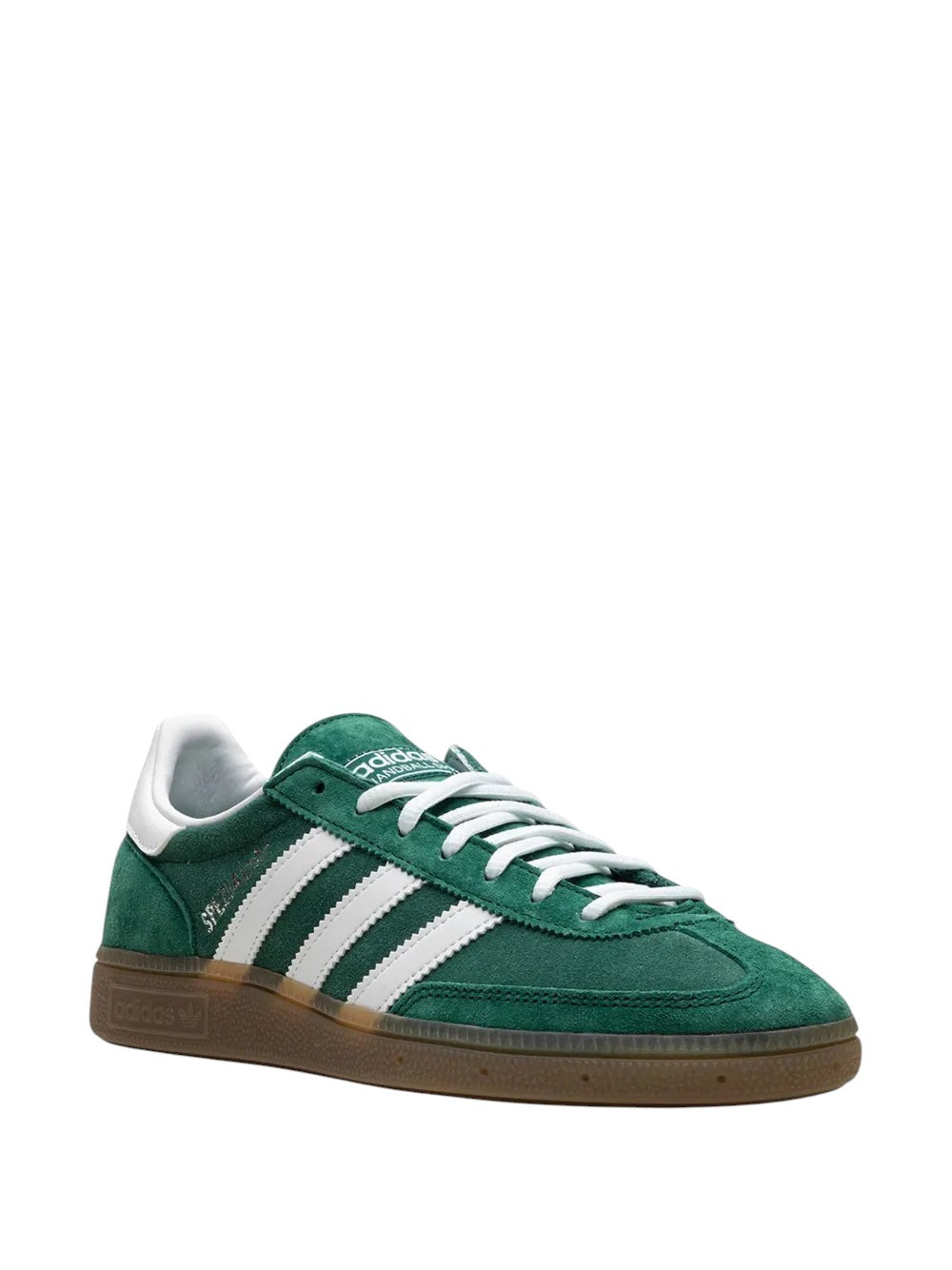 South Steeze Adidas Handball Spezial sneakers in core green suede with white stripes and a gum rubber outsole.