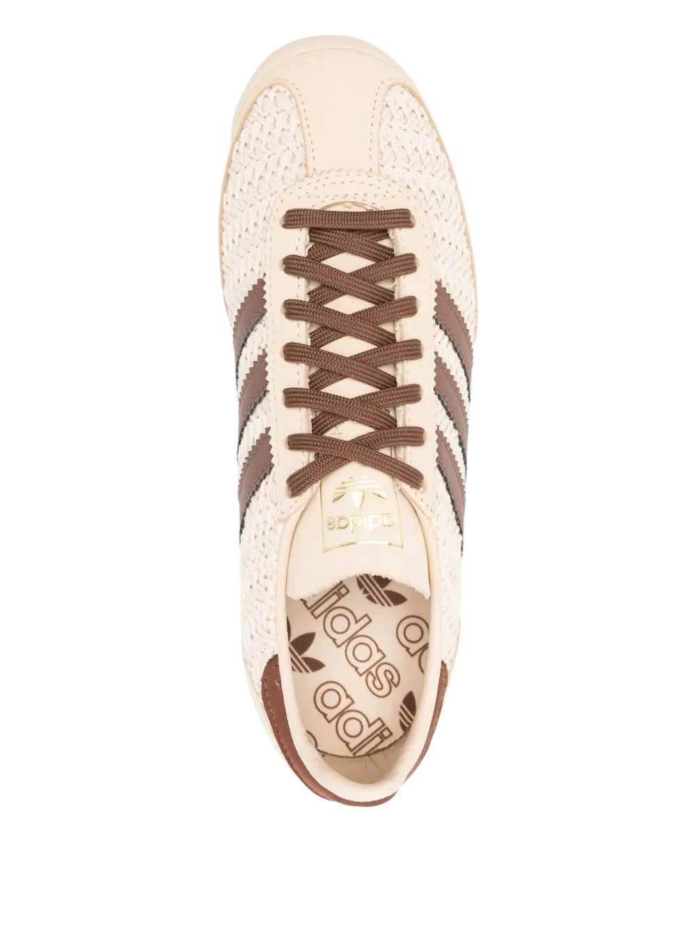 South Steeze Adidas SL 72 beige knit and suede sneakers with brown stripes, top-down view.