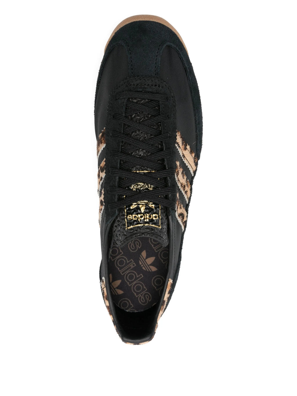 South Steeze Adidas SL 72 OG sneakers in black leopard print with suede and leather detailing, top-down view.