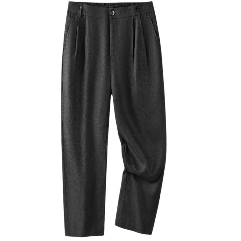 South Steeze black straight leg linen pants with an elastic waistband and sand washed texture.