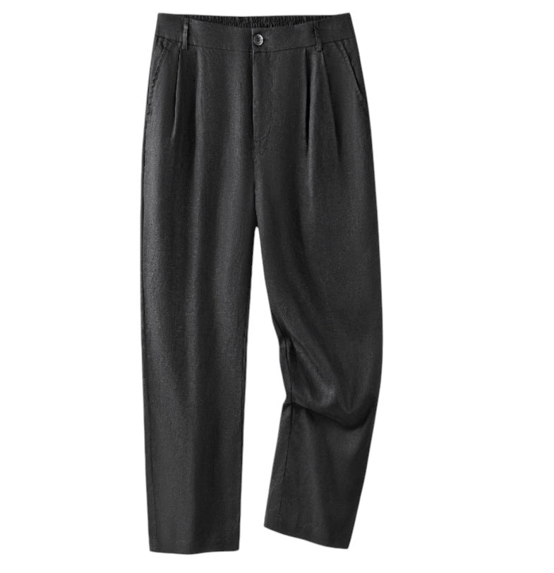 South Steeze black linen straight leg casual pants with an elastic waistband and sand-washed texture.