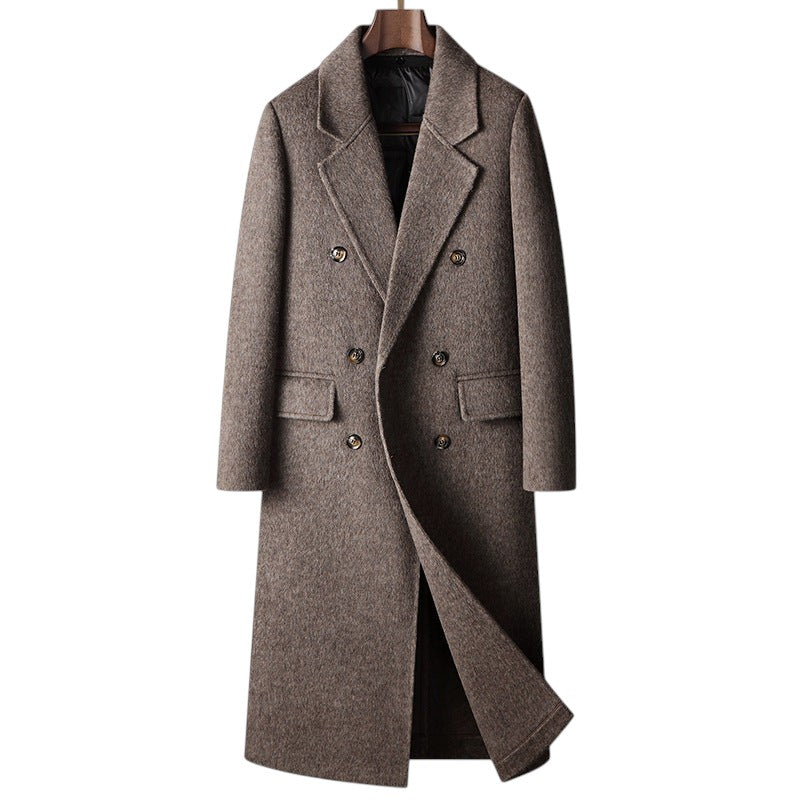South Steeze men's camel double-breasted wool blend overcoat with a classic suit collar and knee-length cut.