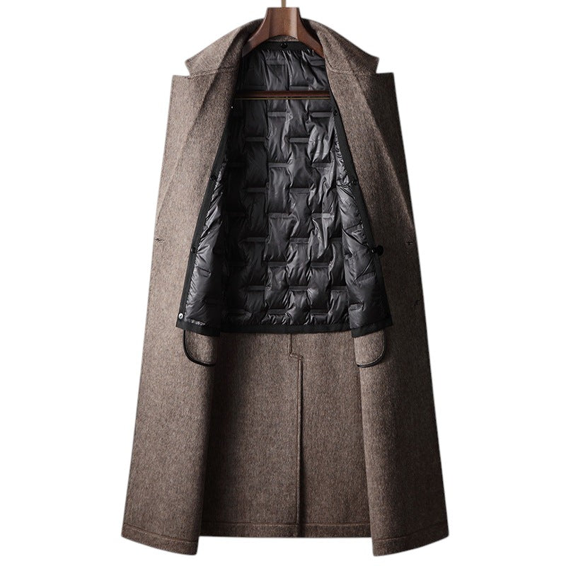 South Steeze camel wool blend double-breasted overcoat with a quilted black interior lining on a hanger.