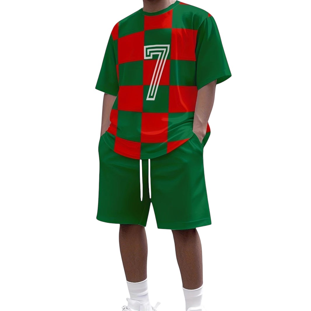 South Steeze men's green and red checkered short sleeve t-shirt and shorts set with number 7 print