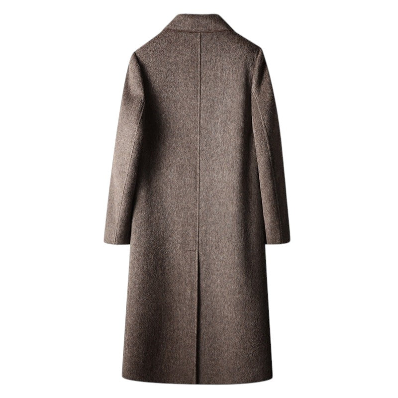 South Steeze knee-long dark gray wool blend overcoat, back view showing structured tailoring and center back vent.