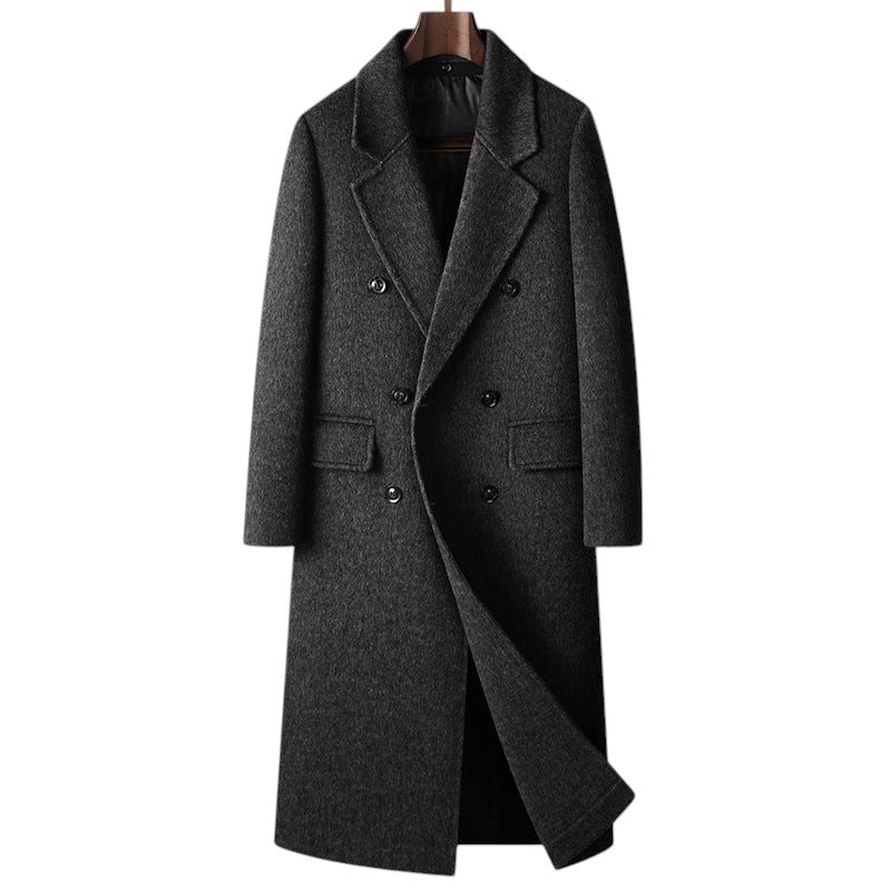 South Steeze dark gray double-breasted wool blend overcoat with a classic suit collar and knee-length design.