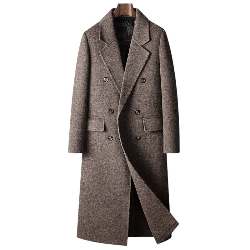 South Steeze dark gray double-breasted wool blend overcoat with a classic suit collar and knee-long straight hem.