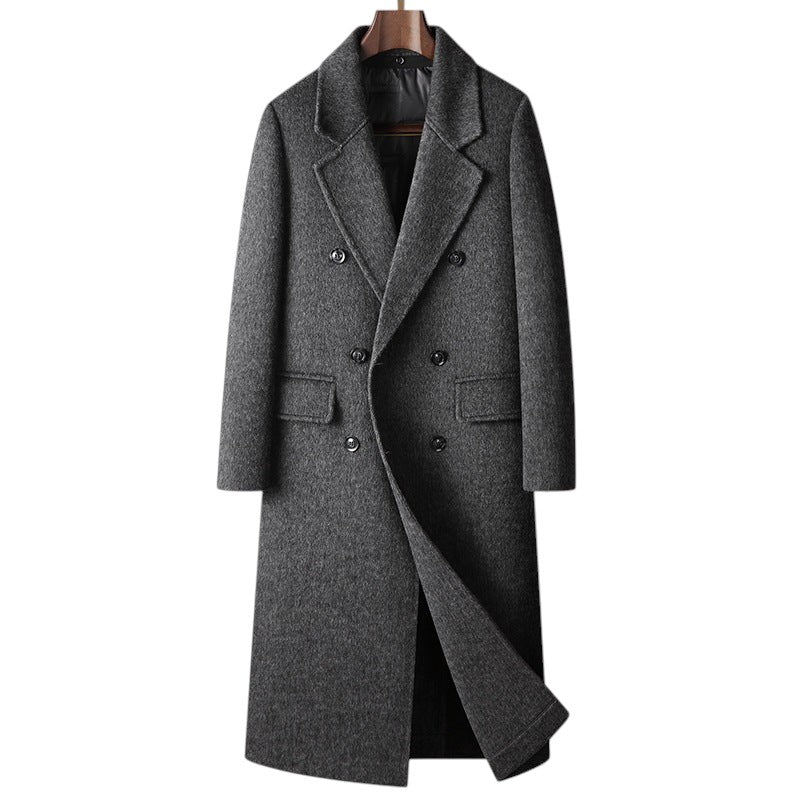 South Steeze dark gray double-breasted wool blend overcoat with a classic suit collar and knee-length design.