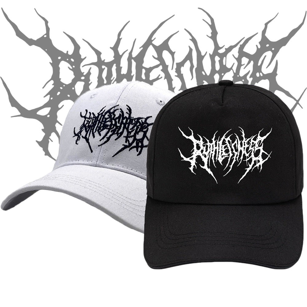South Steeze black and white cotton baseball caps with intricate metal-style embroidery and curved brims