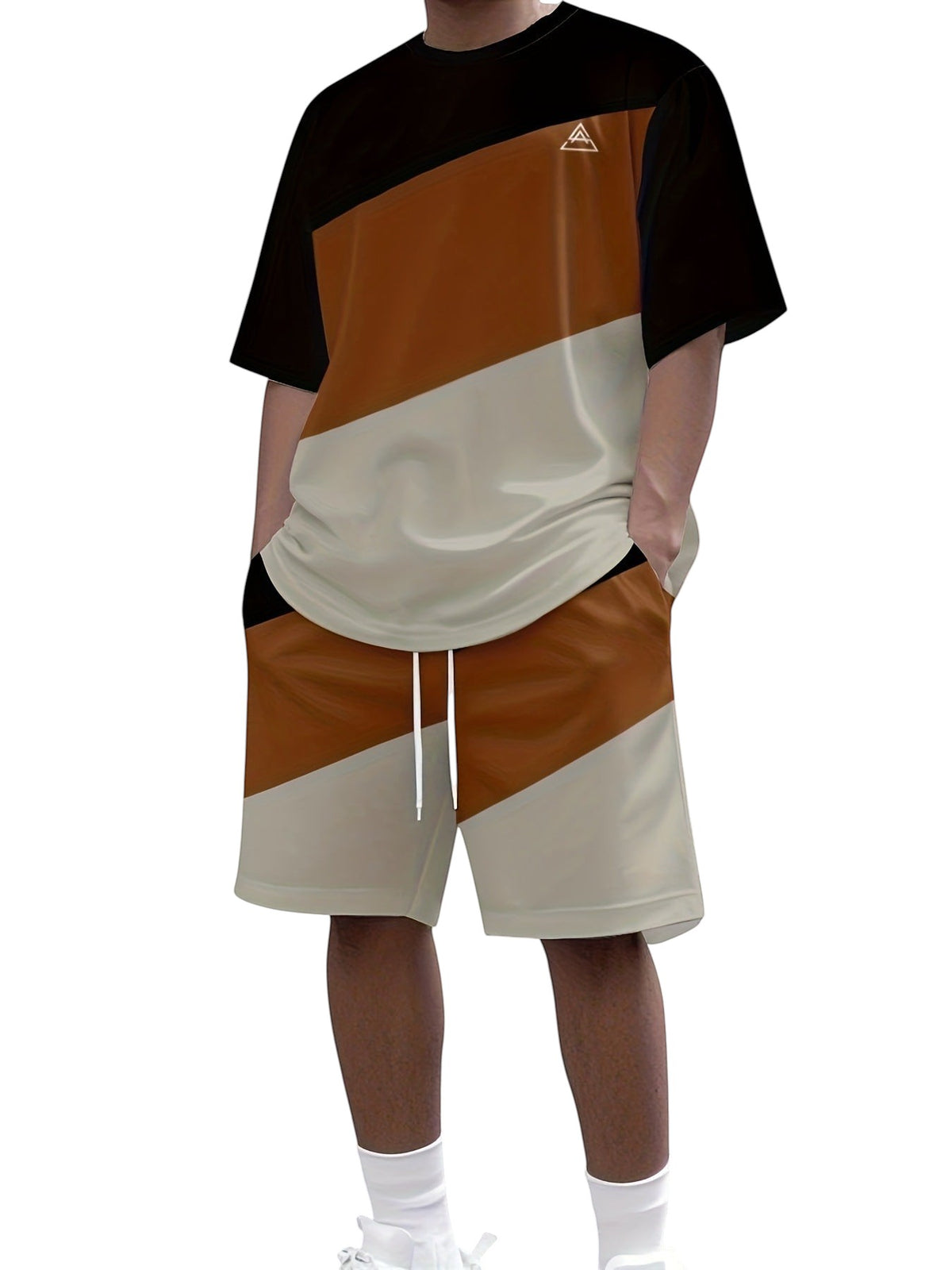 South Steeze men's summer jogging set featuring a black, brown, and beige color-blocked t-shirt and matching shorts.