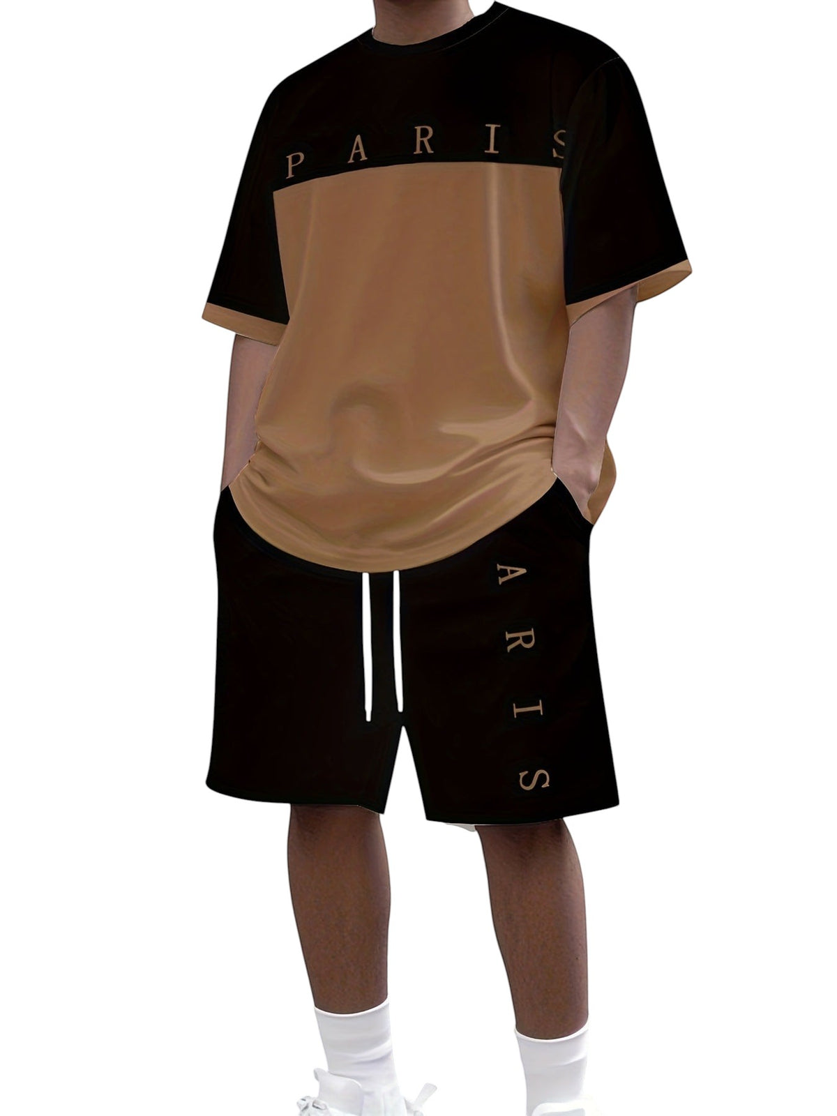 South Steeze men's two-piece jogging set with a black and tan color-blocked t-shirt and matching shorts featuring Paris text