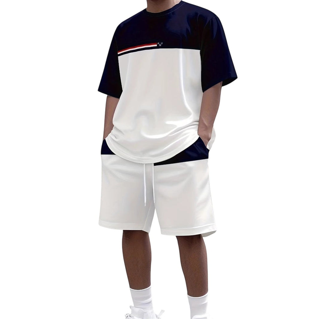 South Steeze men's summer jogging set featuring a navy and white color-blocked t-shirt and matching drawstring shorts.