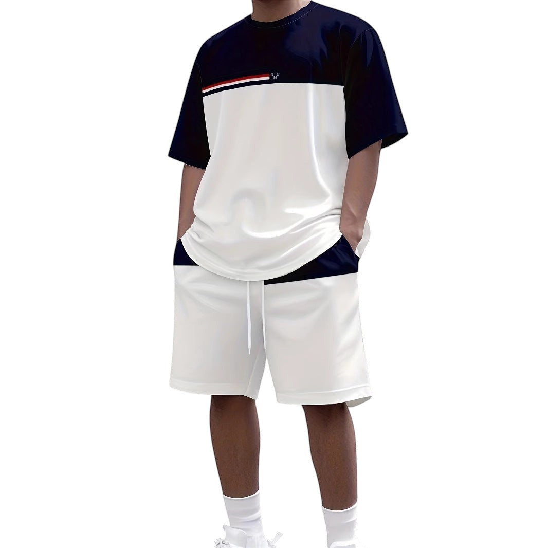 South Steeze men's summer jogging set featuring a navy and white color-blocked t-shirt and matching drawstring shorts.