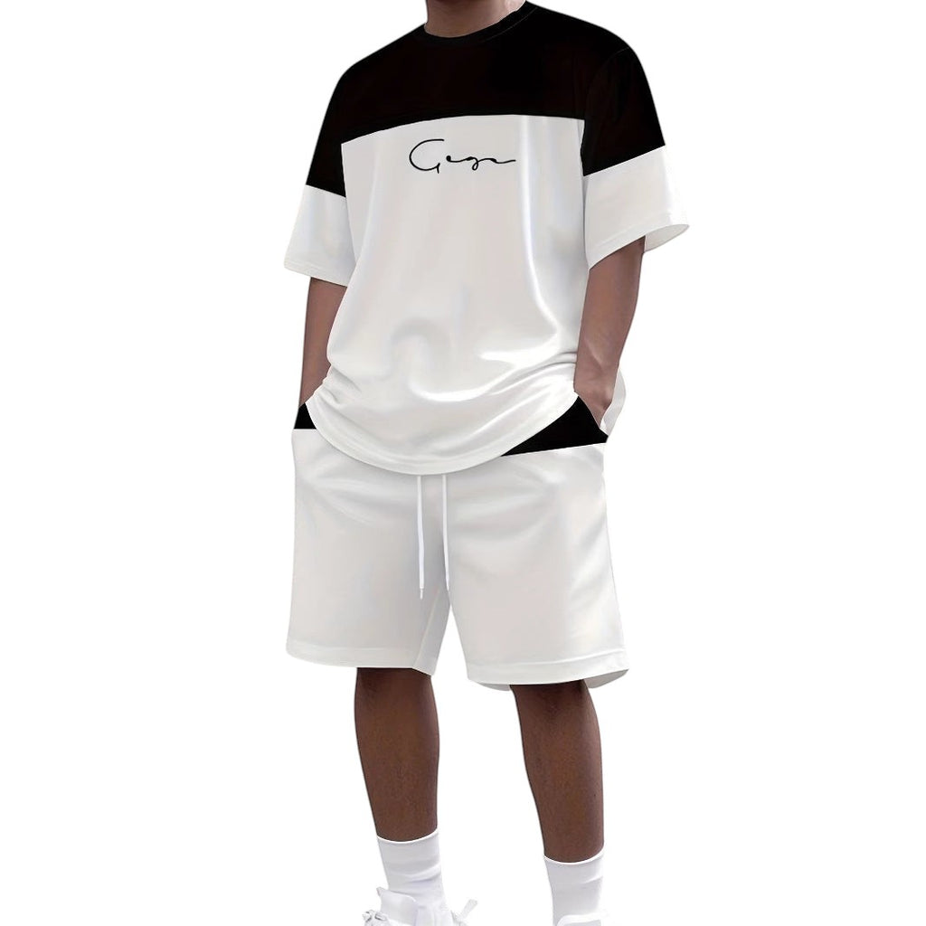 South Steeze men's summer jogging set featuring a white and black short sleeve t-shirt and matching white shorts.