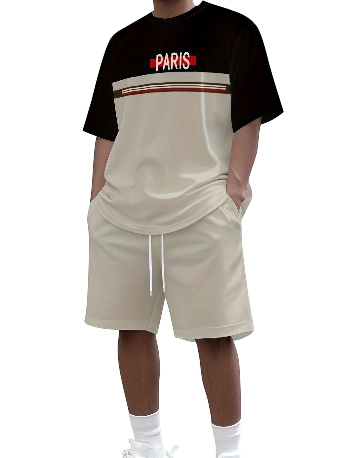 South Steeze men's summer jogging set with a black and beige short-sleeve Paris graphic t-shirt and matching shorts.