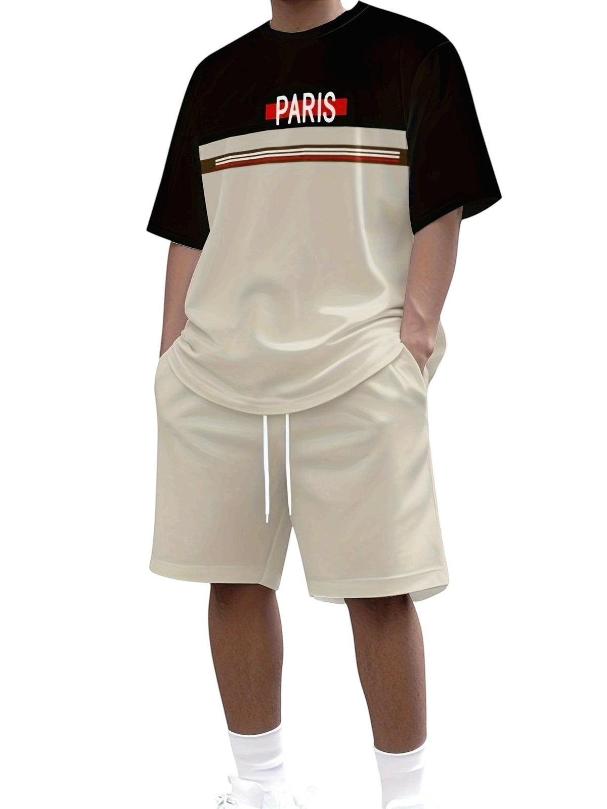South Steeze men's summer jogging set featuring a black and beige short sleeve t-shirt with Paris print and matching shorts