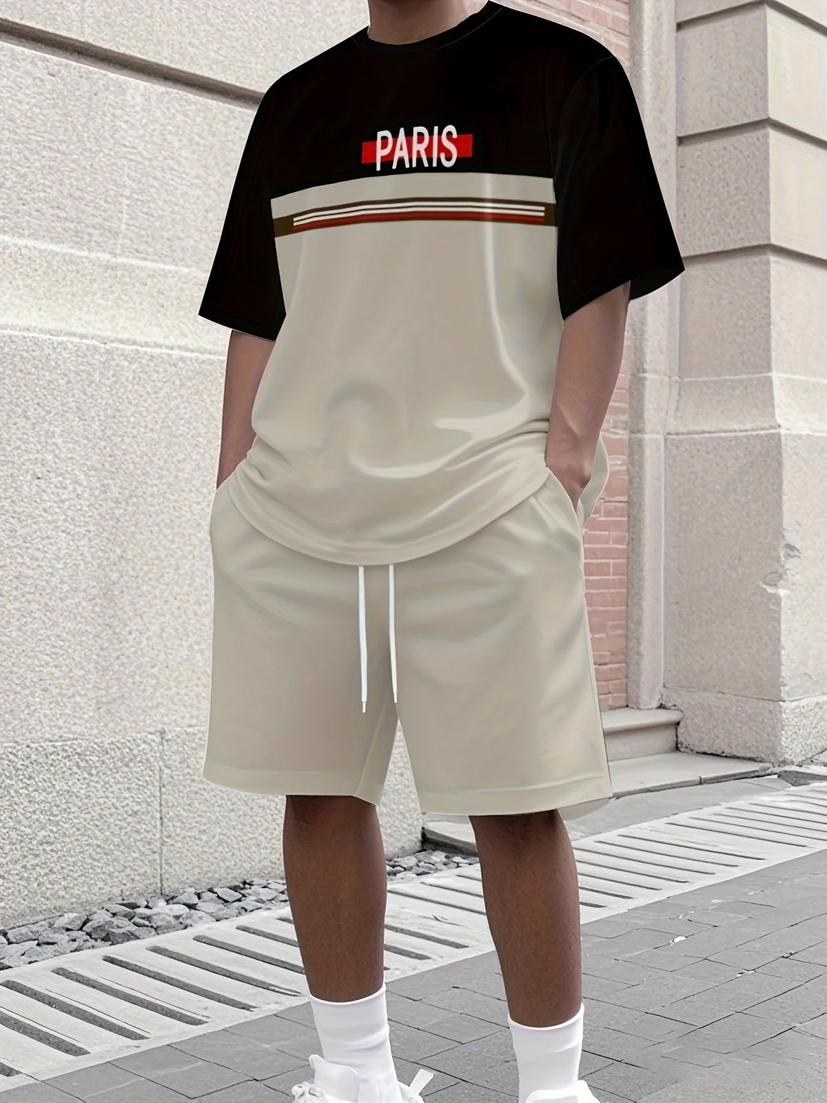 South Steeze men's summer jogging set featuring a black and beige short-sleeve t-shirt with Paris print and matching shorts