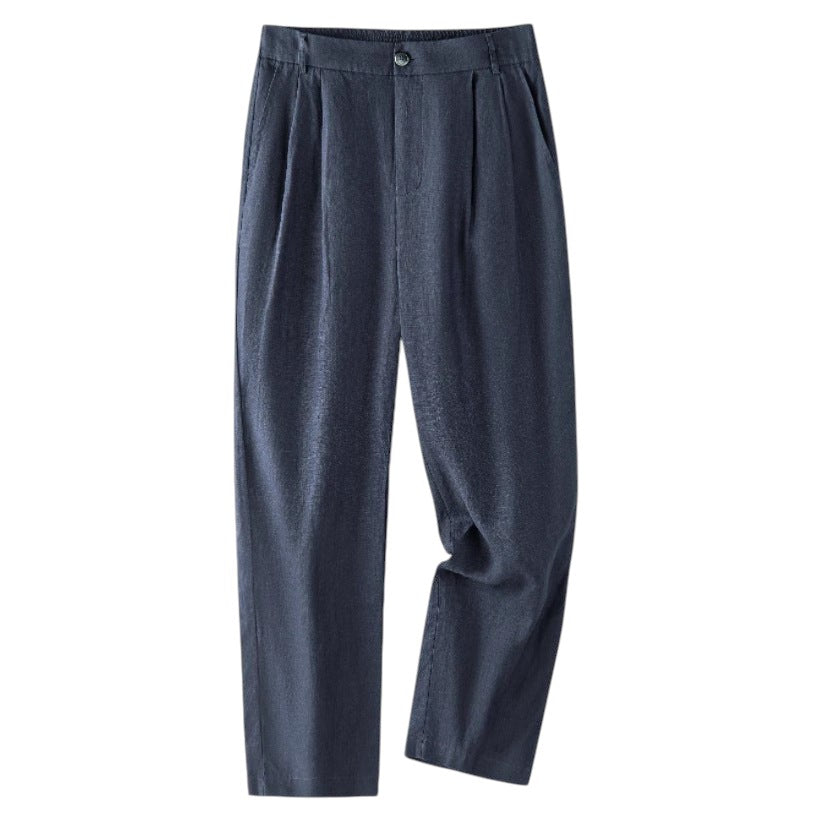 South Steeze navy blue straight leg linen casual pants with an elastic waistband and sand washed texture.