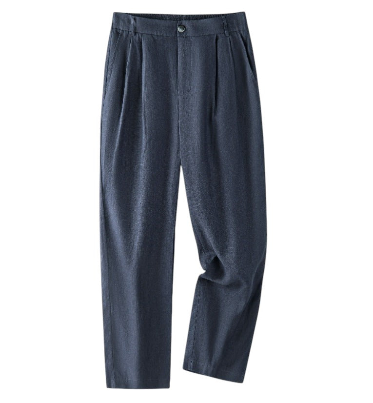 South Steeze navy blue straight-leg linen casual pants with an elastic waistband and sand-washed finish.