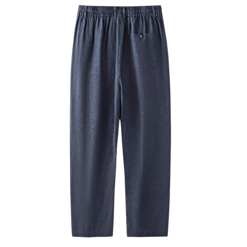 South Steeze navy blue straight-leg linen casual pants with an elastic waistband and back pocket