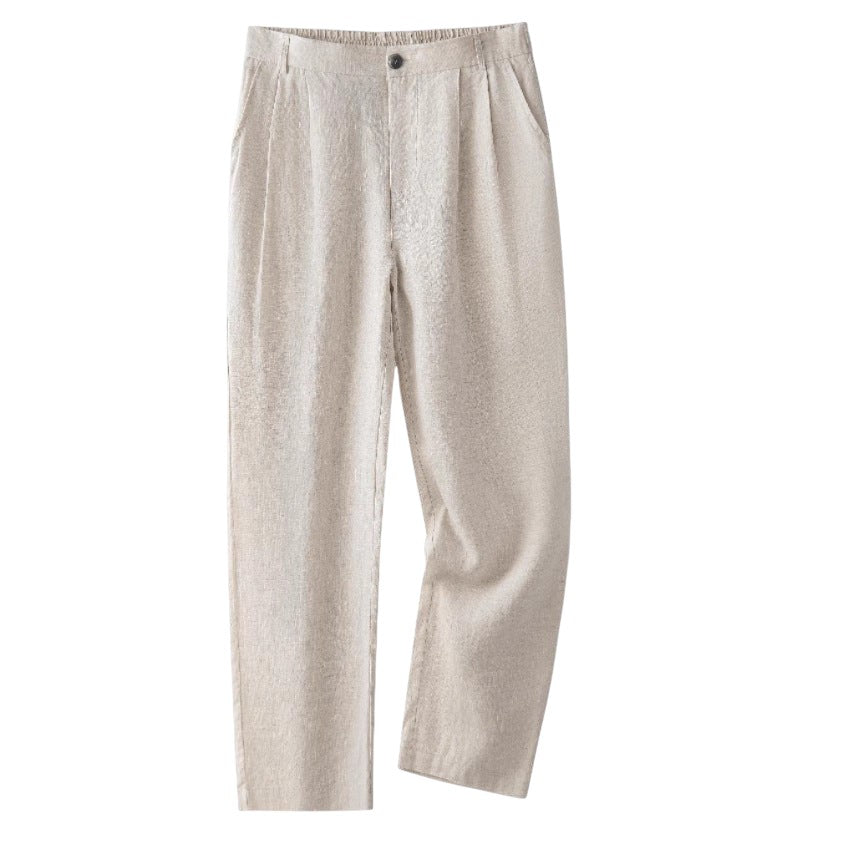 South Steeze off-white straight-leg linen casual pants with an elastic waistband and sand-washed texture.