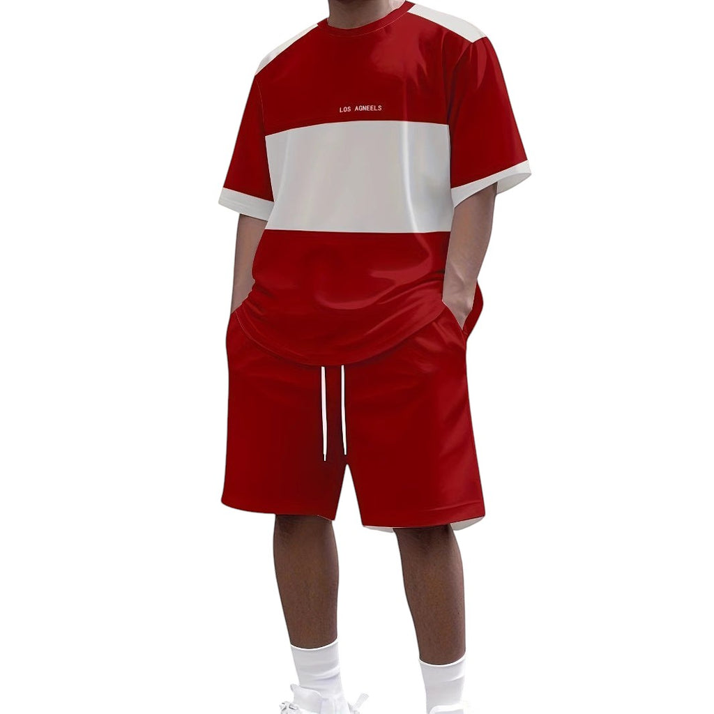 South Steeze men's red and white short sleeve t-shirt and shorts set with a round neck and casual athletic fit