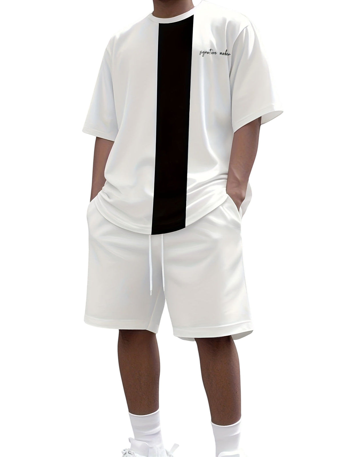 South Steeze men's white and black short sleeve t-shirt and shorts set in a breathable polyester blend fabric