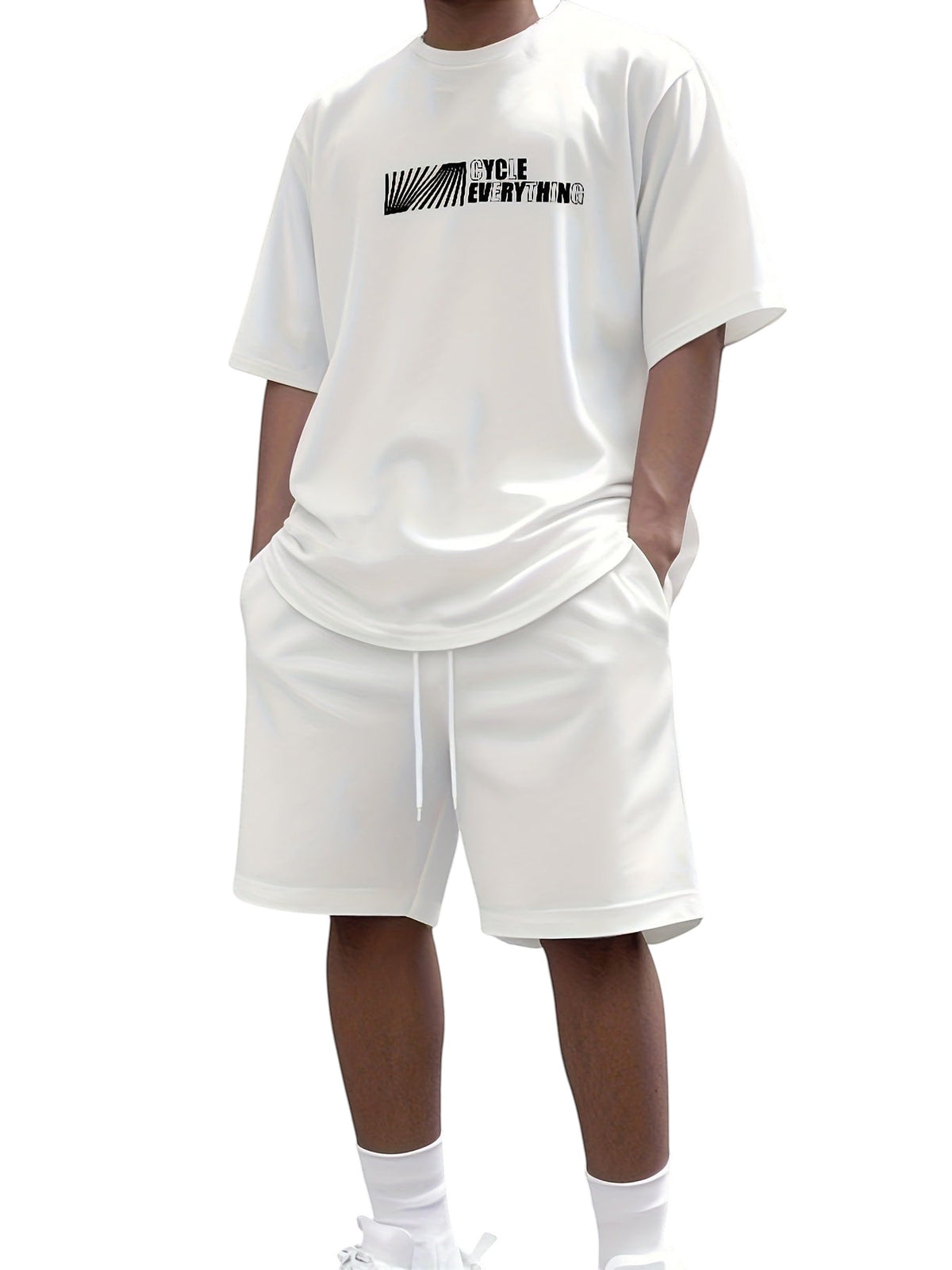 South Steeze men's white short sleeve t-shirt and shorts set with graphic print, made from breathable polyester.